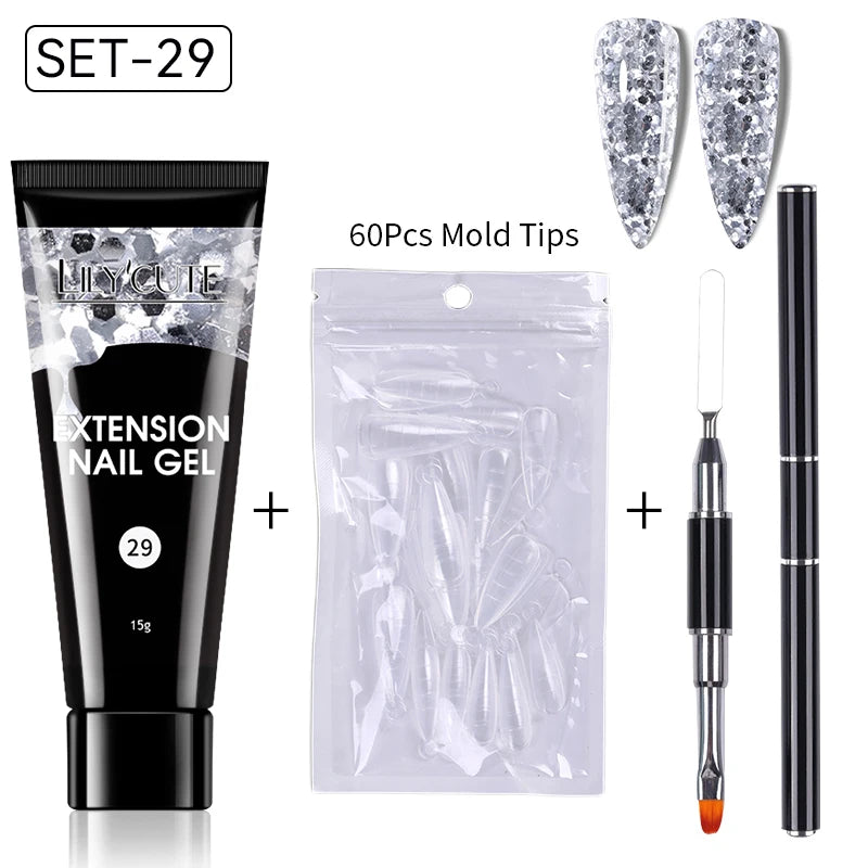 LILYCUTE 15ml Verlängerungsgel-Nagellack-Set Quick Nail Prolong mit Verlängerungsform-Nagelspitzen Acryl-Lösung Maniküre-Werkzeug-Kit