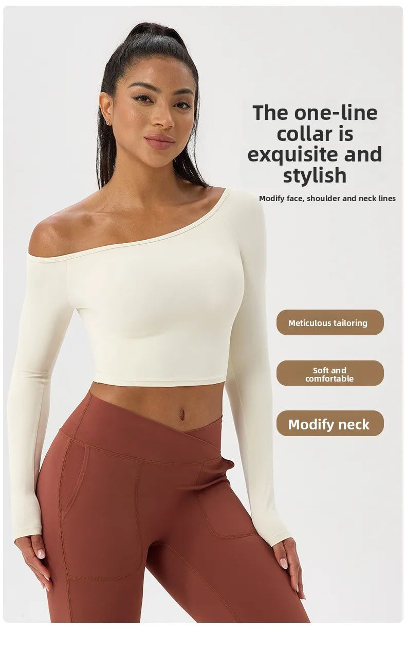 Yoga Langarm T-Shirt Damen Ein-Schulter Sexy Eng Anliegende Fitness-Oberteile Nude-Feel Schnelltrocknendes Sport Langarm Yoga Shirts