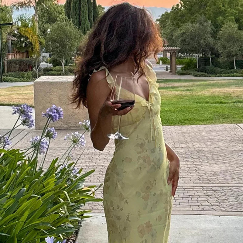 Kryptografischer Sommer Blumenmuster Plunge Maxikleid Outfits Sexy rückenfreie Feen Sonnenkleider Urlaub Strandmode Vestido Coquette