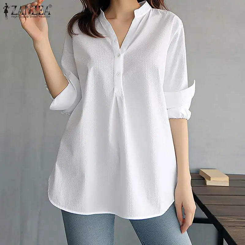 ZANZEA Damen Mode Weiße Hemden Lässig Weite Button-Down-Blusen 2024 Sommer Büro Bluse Koreanische OL V-Ausschnitt Langarm Tuniken
