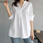 ZANZEA Damen Mode Weiße Hemden Lässig Weite Button-Down-Blusen 2024 Sommer Büro Bluse Koreanische OL V-Ausschnitt Langarm Tuniken