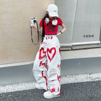 2026 Sommer Frühling Teenager Trainingsanzug Mädchen Kleidung Herz Graffiti 1 T-Shirt Oberteil oder lange weite Beinhose Kind 4 6 7 8 9 10 12 14 Jahre