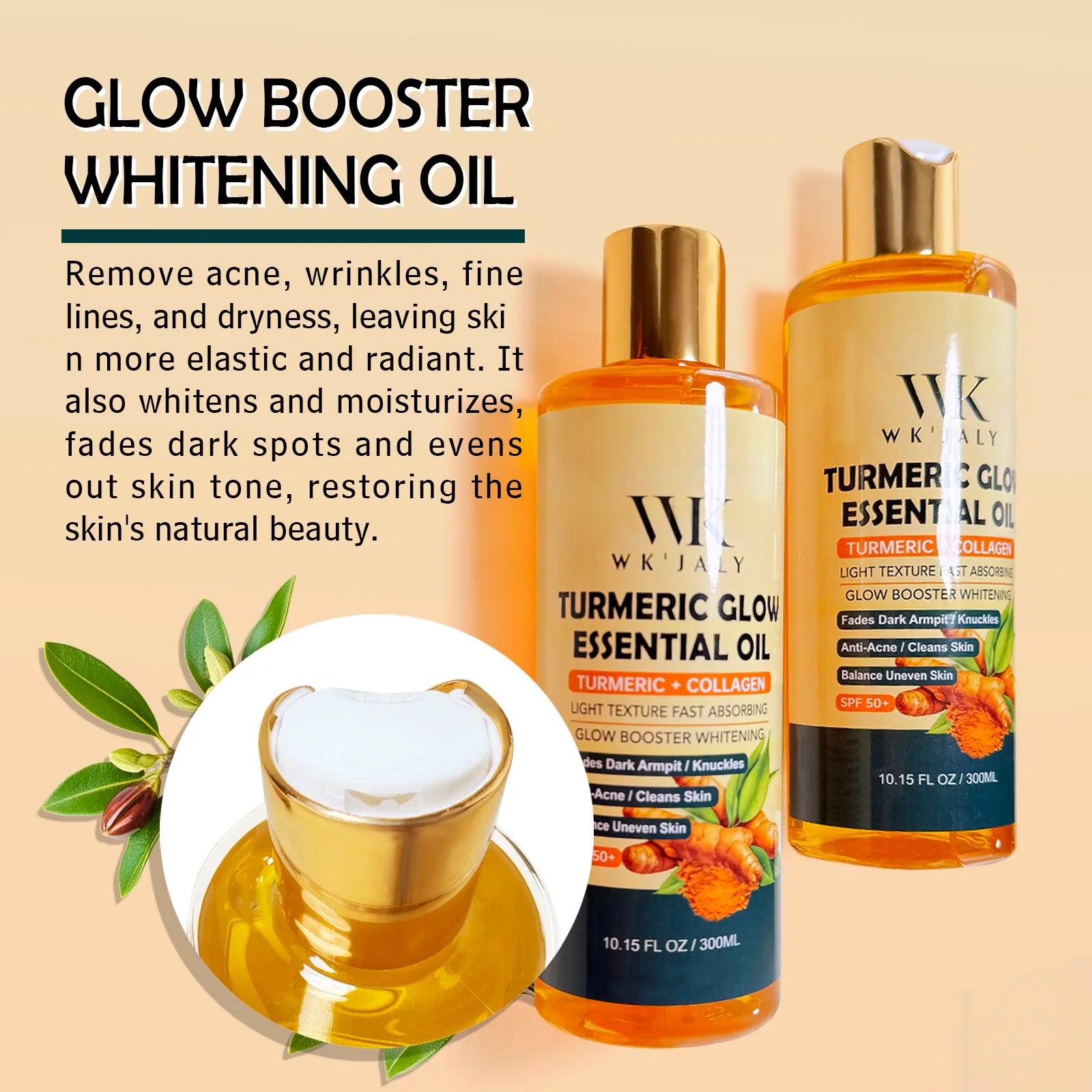 WK JALY Kurkuma Glow Essential Körperöl, feuchtigkeitsspendend, aufhellend, hellt dunkle Achseln und Fingerknöchel auf, gegen Akne, gleicht ungleichmäßige Haut aus