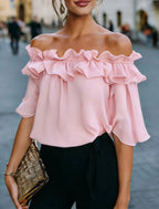 Mode Rüschen Sexy One Shoulder Damen Kurzarmshirt Sommer Neu Lässige Weite Oberteile Weibliche Elegante Vielseitige Bürobluse