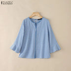 ZANZEA Damen Sommer Plaid Patchwork Bluse 3/4 Glockenärmel Cut Out Tops Lässiges lockeres Hemd Retro Chemise Damen Arbeitsblusen
