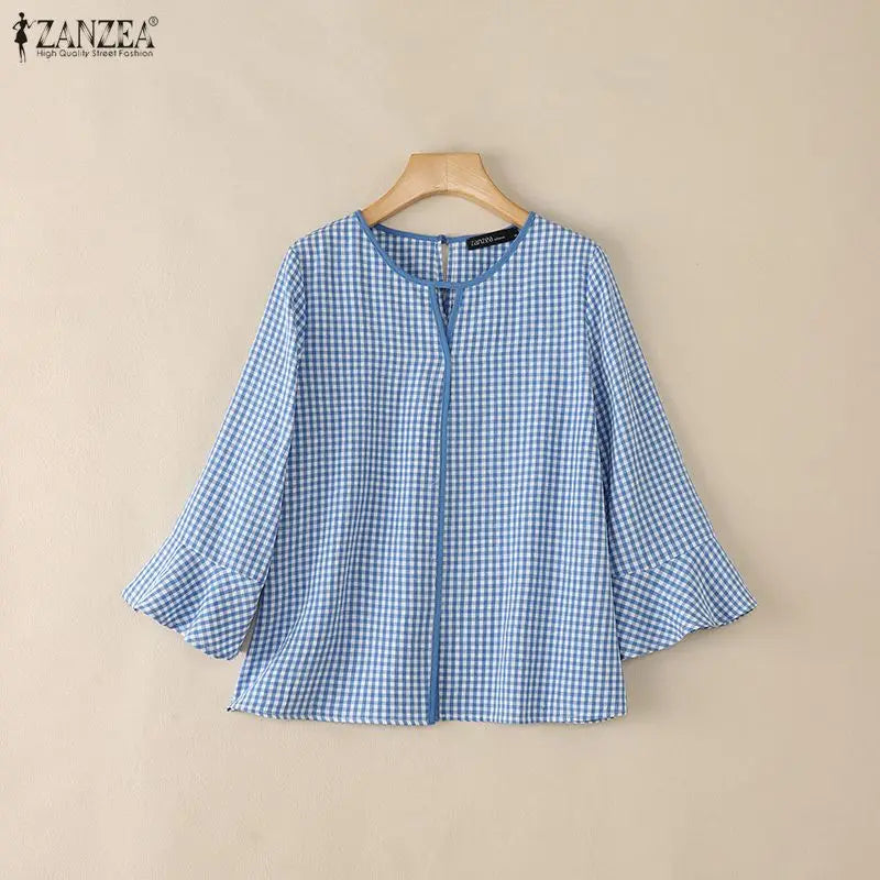 ZANZEA Damen Sommer Plaid Patchwork Bluse 3/4 Glockenärmel Cut Out Tops Lässiges lockeres Hemd Retro Chemise Damen Arbeitsblusen