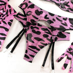 Sexy rosa Leoparden-BH-Handschuhe Beinsocken Dessous-Set Damen Perspektive Bequemes Mesh Exotische Kleidung Unterwäsche Anzug