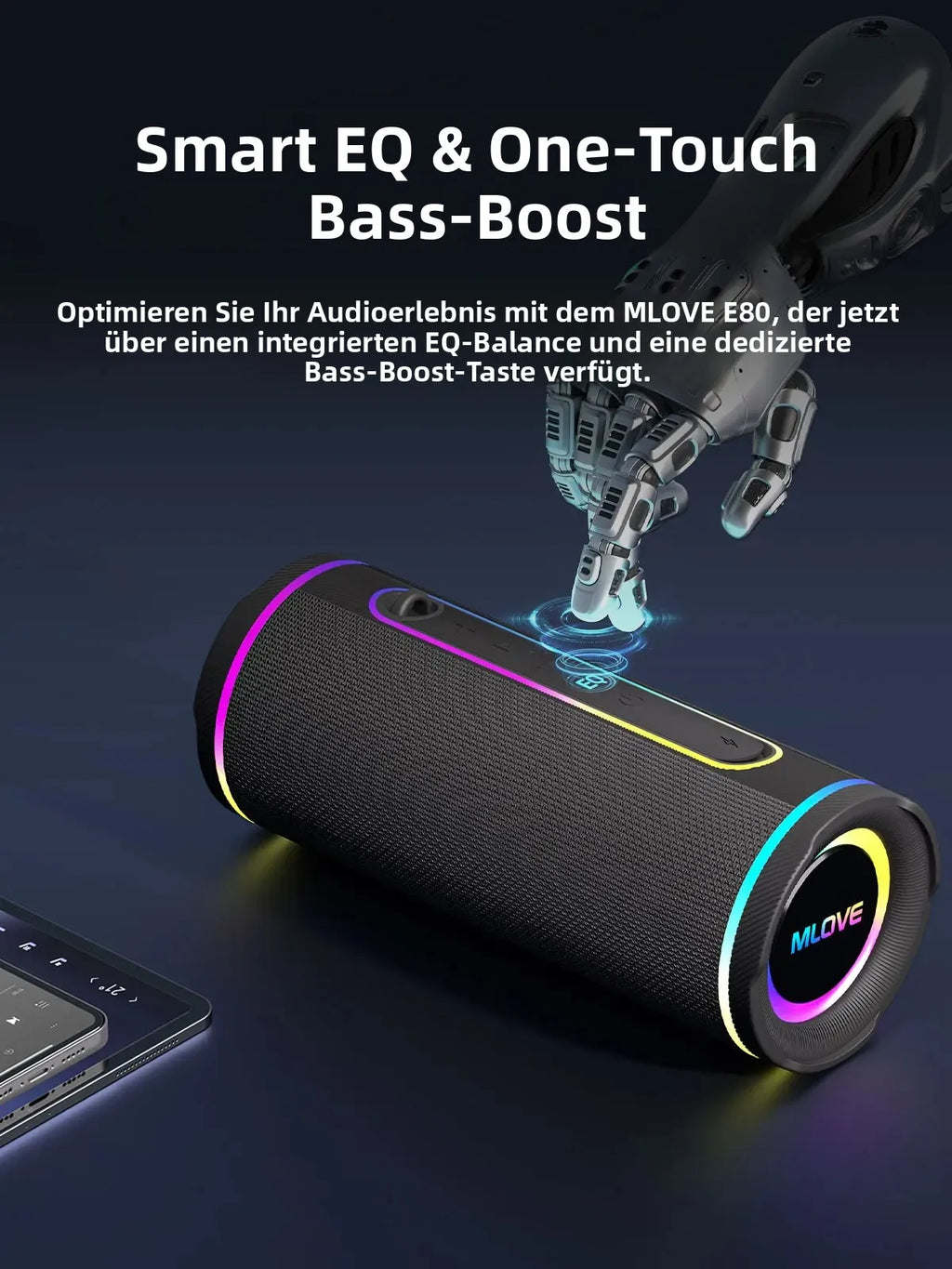 MLOVE E80 Tragbarer Bluetooth-Lautsprecher – Leistungsstarker Dual-Sound, farbenfrohe RGB-Beleuchtung, vollständig wasserdicht (IPX7), TWS-fähig