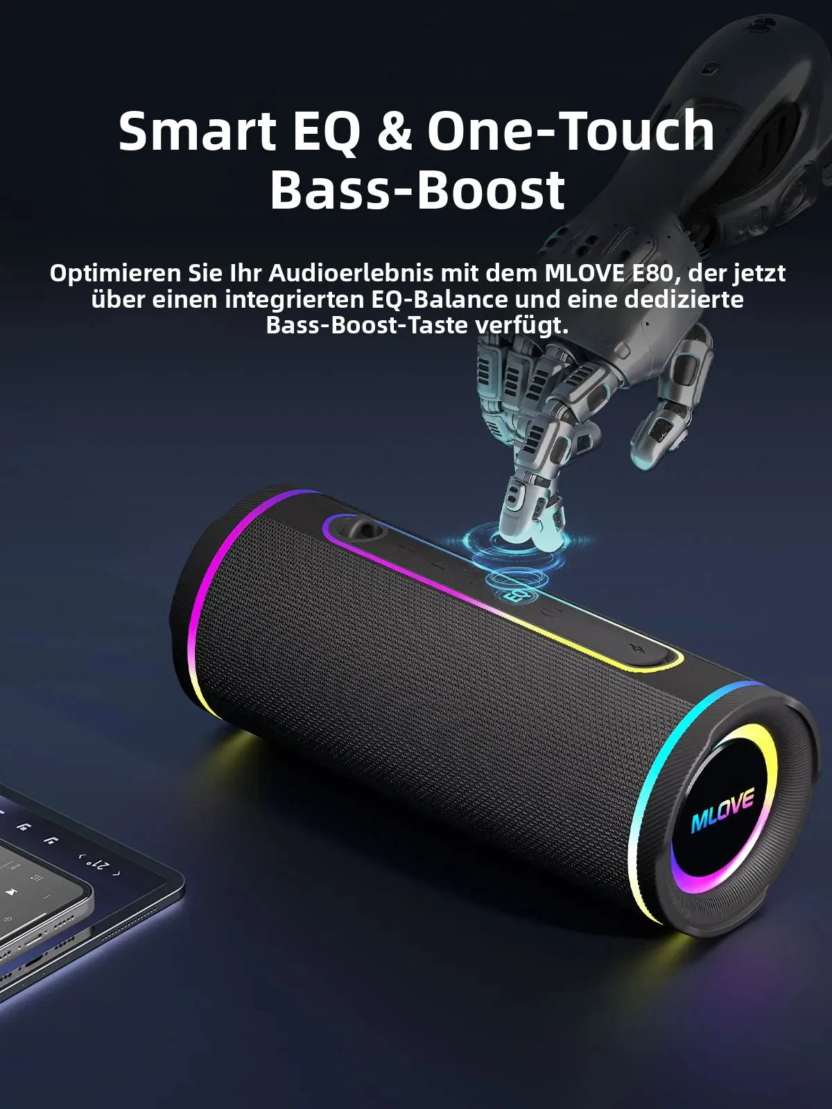 MLOVE E80 Tragbarer Bluetooth-Lautsprecher – Leistungsstarker Dual-Sound, farbenfrohe RGB-Beleuchtung, vollständig wasserdicht (IPX7), TWS-fähig