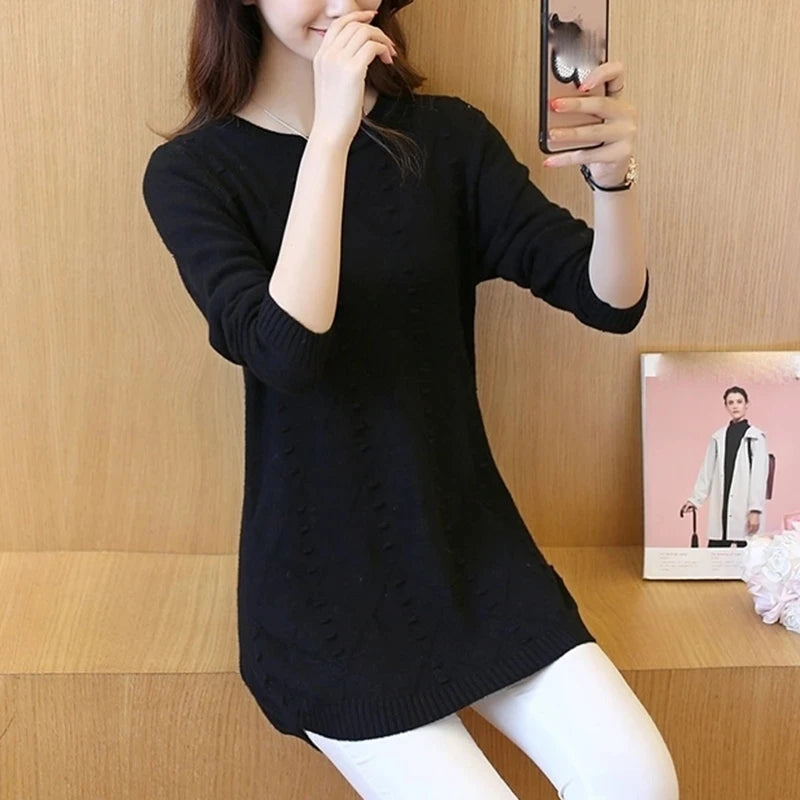 Strickpullover Herbst Winter Oberteile Rundhals Langarm Pullover Legere Warme Damenpullover Midi Lang Schmaler Pullover Mädchen