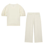 HH Damen Elegantes Beiges Set, Rundhals-T-Shirt, Einfarbiges Puffärmel-Oberteil, Lässige Weite Hosen, High Street Chic Outfit