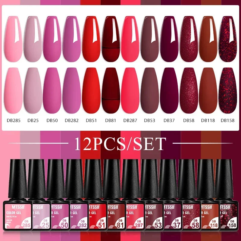 MTSSII 12tlg. Gellack-Set Nude Rosa Rot Glitzer Semi Permanent Soak Off UV Gel Nagellack Maniküre Kit Nagelzubehör DIY