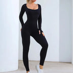Damen Jumpsuit Langarm Jumpsuit Yoga Gerippter Strampler Sexy Einteiliger Bodycon Workout Full Bodysuit mit Hose