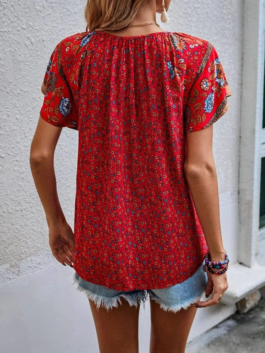 Sommer Blusen mit Blumenmuster für Damen, modische V-Ausschnitt Kurzarm Boho Strand Freizeit-Oberteile, elegante Hemden, Neuheiten Damen Zweitbild