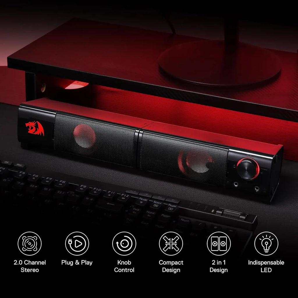 Redragon GS550 PC Gaming Lautsprecher 2.0 Kanal Desktop Computer Soundbar Qualität Bass & Anständige rote Hintergrundbeleuchtung