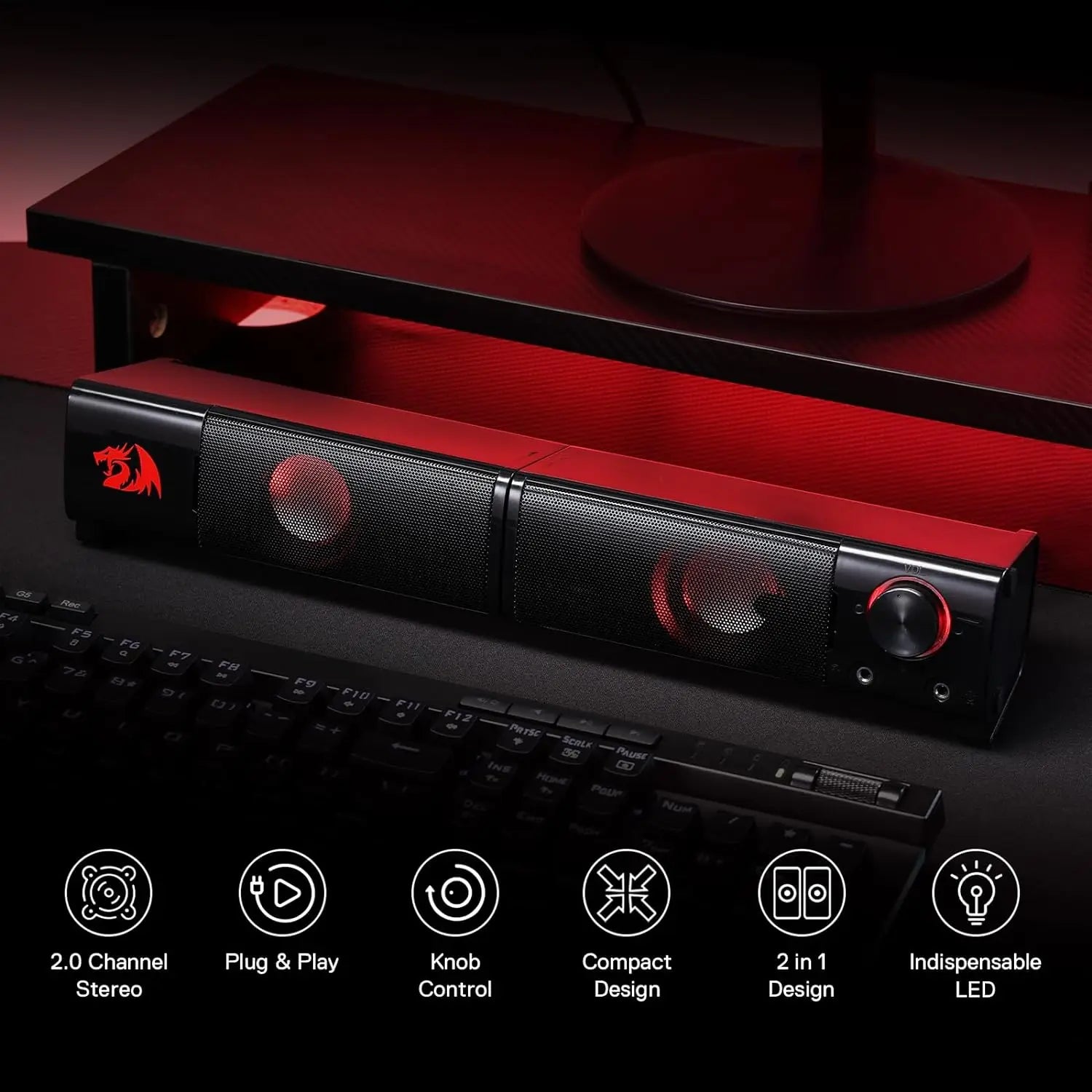 Redragon GS550 PC Gaming Lautsprecher 2.0 Kanal Desktop Computer Soundbar Qualität Bass & Anständige rote Hintergrundbeleuchtung