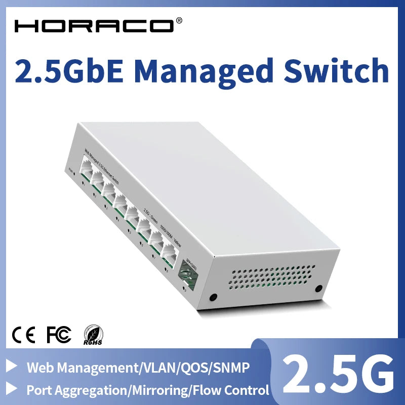 HORACO 2.5GbE Managed Switch 8 Port 2.5GBASE-T Netzwerk-Switcher 10G SFP+ Slot Uplink Web Managed Hub Internet Splitter Lüfterlos
