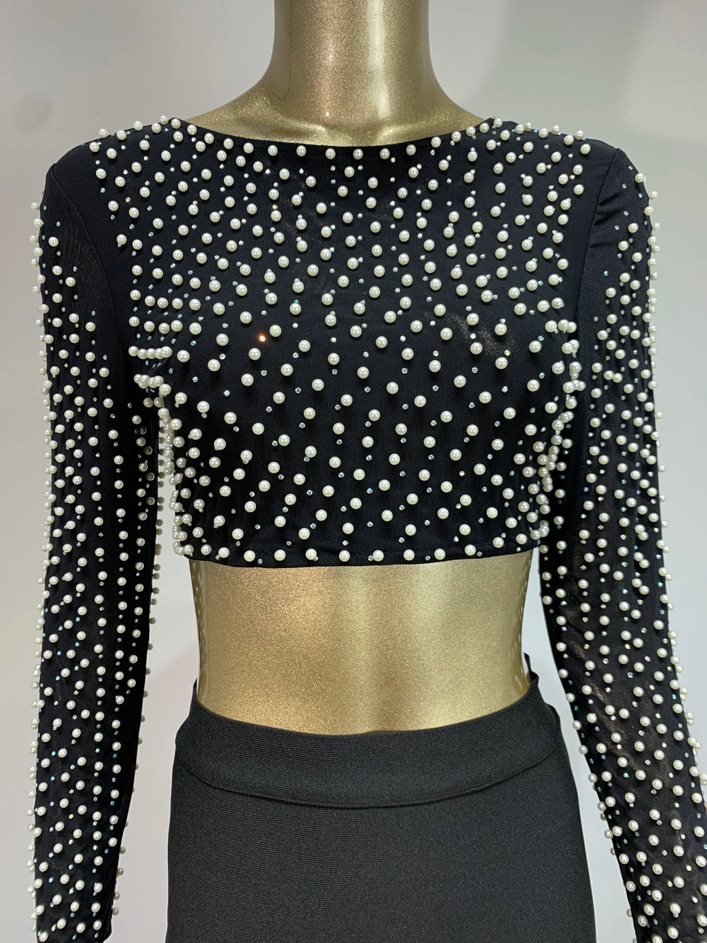 Sexy O-Ausschnitt Langarm Mesh Perlen Beige Schwarz Celebrity Midi Damen Bandagen-Set 2024 Designer Abendparty Damen-Set