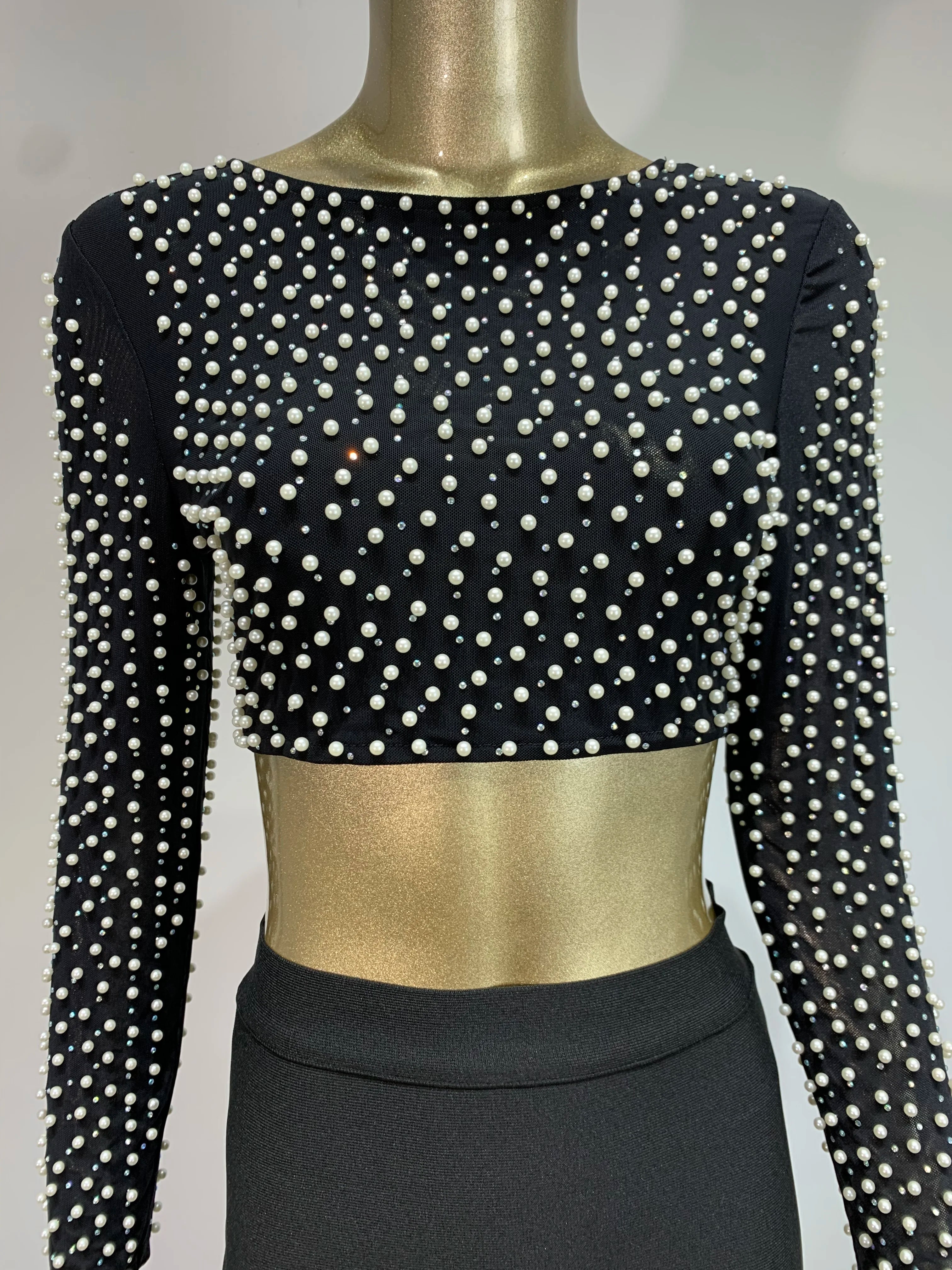 Sexy O-Ausschnitt Langarm Mesh Perlen Beige Schwarz Celebrity Midi Damen Bandagen-Set 2024 Designer Abendparty Damen-Set