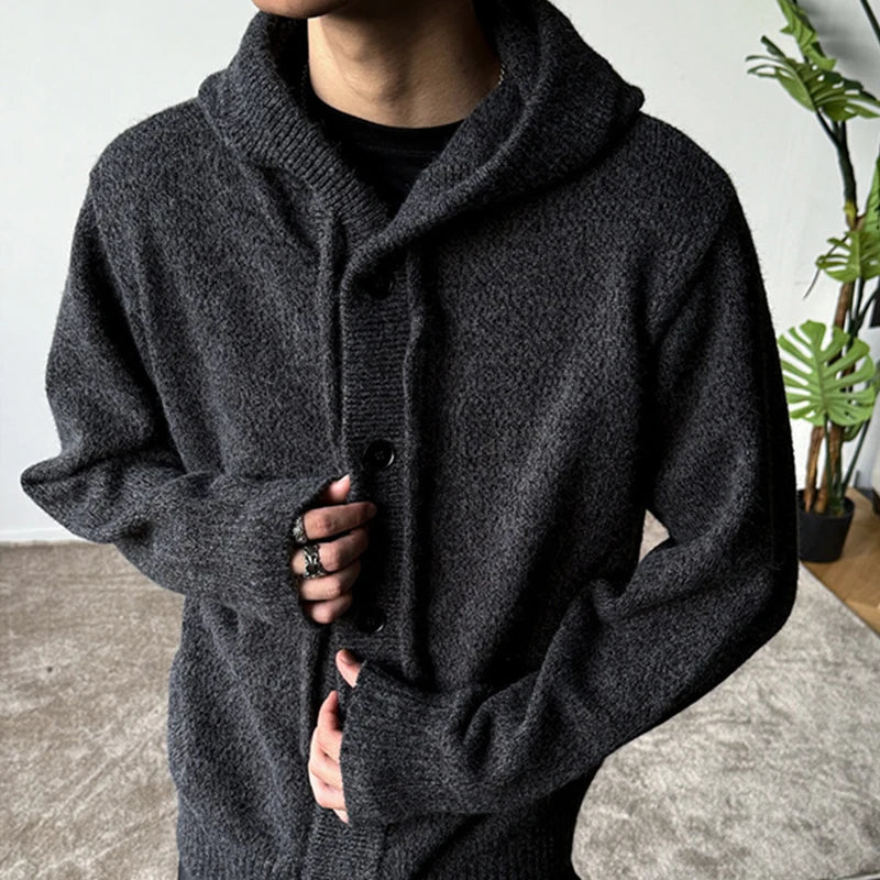 Neue lässige Luxus Strickjacke mit Kapuze für Herren Koreanische Mode Lockerer Cardigan mit Knopfleiste Y2K Vintage Streetwear Strickwaren Mantel