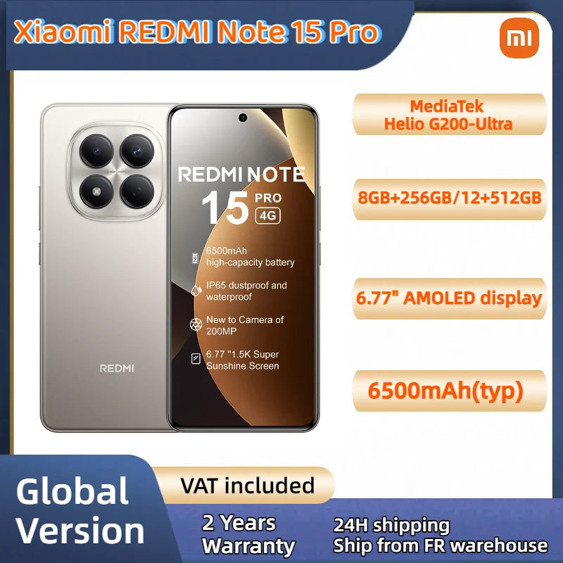 Globale Version Xiaomi REDMI Note 15 Pro MTK Helio G200-Ultra 6,77 Zoll AMOLED Display 200 MP Kamera 6500 mAh 45 W Schnellladung 120 Hz Hauptbild