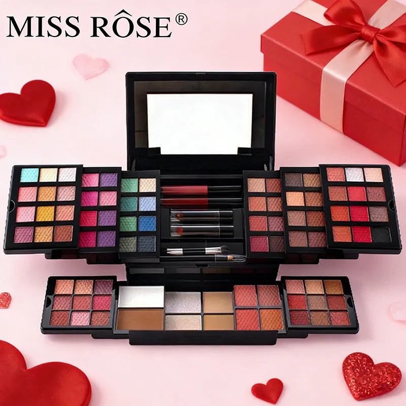 MISS ROSE 104 Farben Lidschatten Puderquaste Lipgloss Lippenstift Spiegel Make-up Haltbares Einfaches Make-up Multifunktions-Make-up-Set
