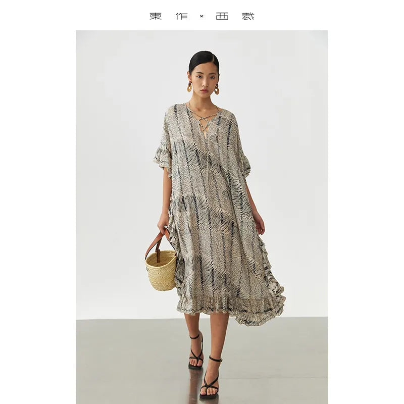 Tierfaserstoff~ Freizeitkleid für Damen, Rüschen-Seidenkleid, Designer Nischen-Seiden-Maxikleid, Neue Damenmode