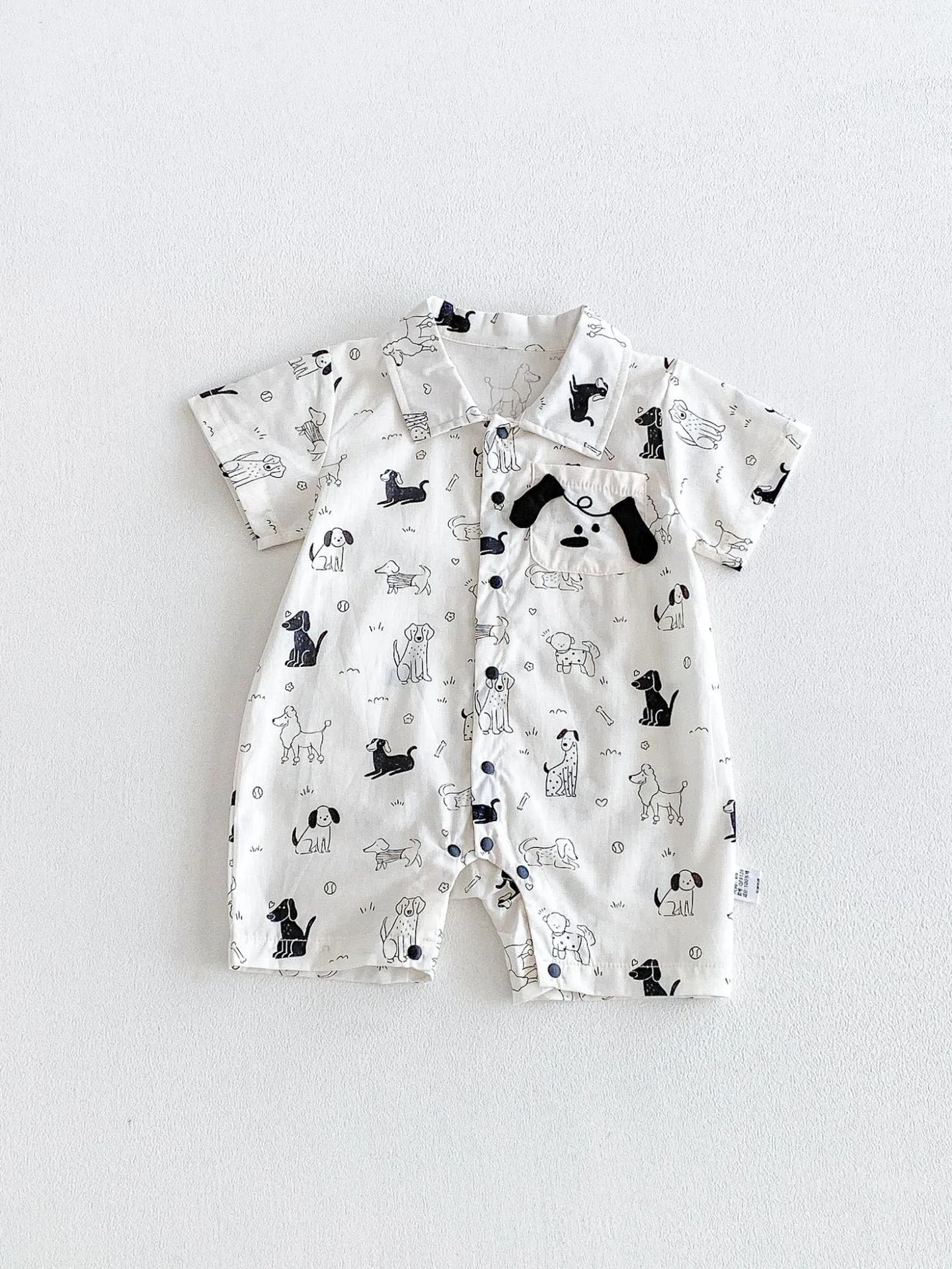0-2Y Sommer Baby Jungen Kleidung mit Hundemuster, Einreihig, Kleinkind Strampler, Kurzarm, Süßes Baby Jungen Outfit