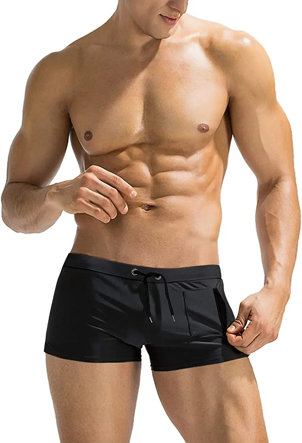 Herren Badehose mit Reißverschlusstasche Badeshorts Boxershorts Square Leg Mesh-Futter Boardshorts Badeschuhe