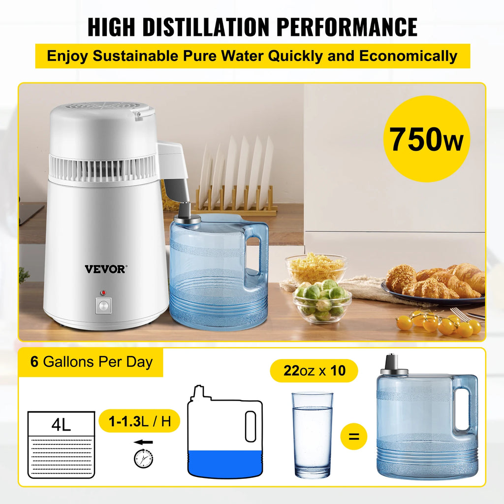 SucceBuy 4L Wasserdestilliergerät Reiniger Filter Spender Heizung Trinkflasche Enthärter 304 Edelstahl Haushaltsgerät
