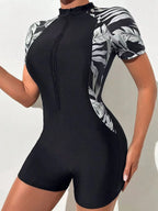 Einteilige Blumen-Badebekleidung für Damen, kurzärmeliger Badeanzug mit Reißverschluss vorne, tropische Pflanzen, Surfen, Sonnenschutz (kein integrierter BH)