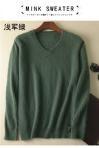 LHZSYY Men's 100% Mink Cashmere Large Size Sweaters Autumn Winter Solid V-neck Casual Knit Pullovers Men Long Sleeve Warm Jumper
