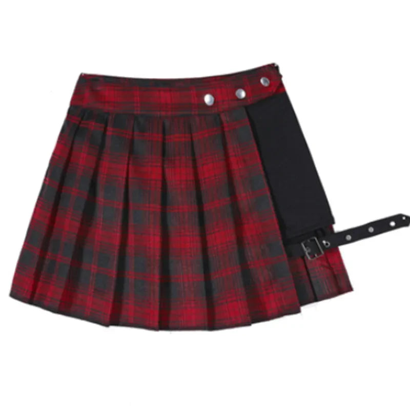 Sommer Harajuku Punk-Stil Karierte unregelmäßige Röcke Damen Asymmetrische High-Waist Schwarze Röcke Plissierte Mädchen Gothic Halbröcke