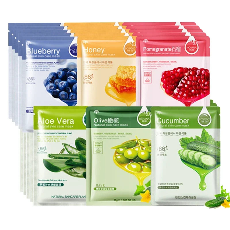 20 Stück natürliche Pflanzen-Gesichtsmaske Feuchtigkeitsspendend Öl-Kontrolle Anti-Aging Frucht Aloe Koreanische Tuchmaske Schönheit Hautpflegeprodukte