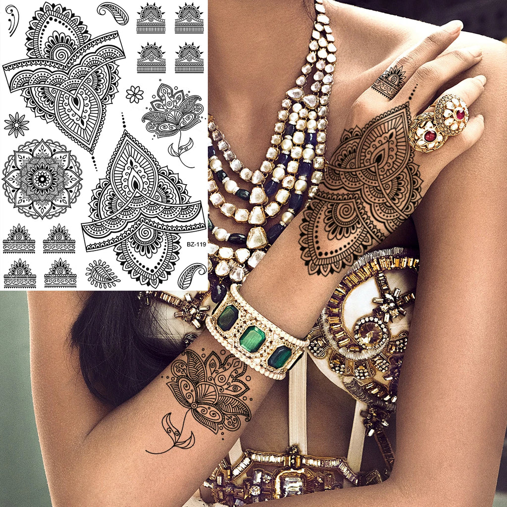Lotus Henna Mandala Chest Temporary Tattoos For Women Underboob Adult Butterfly Turtle Lion Fake Tattoo Sexy Waterproof Tatoos