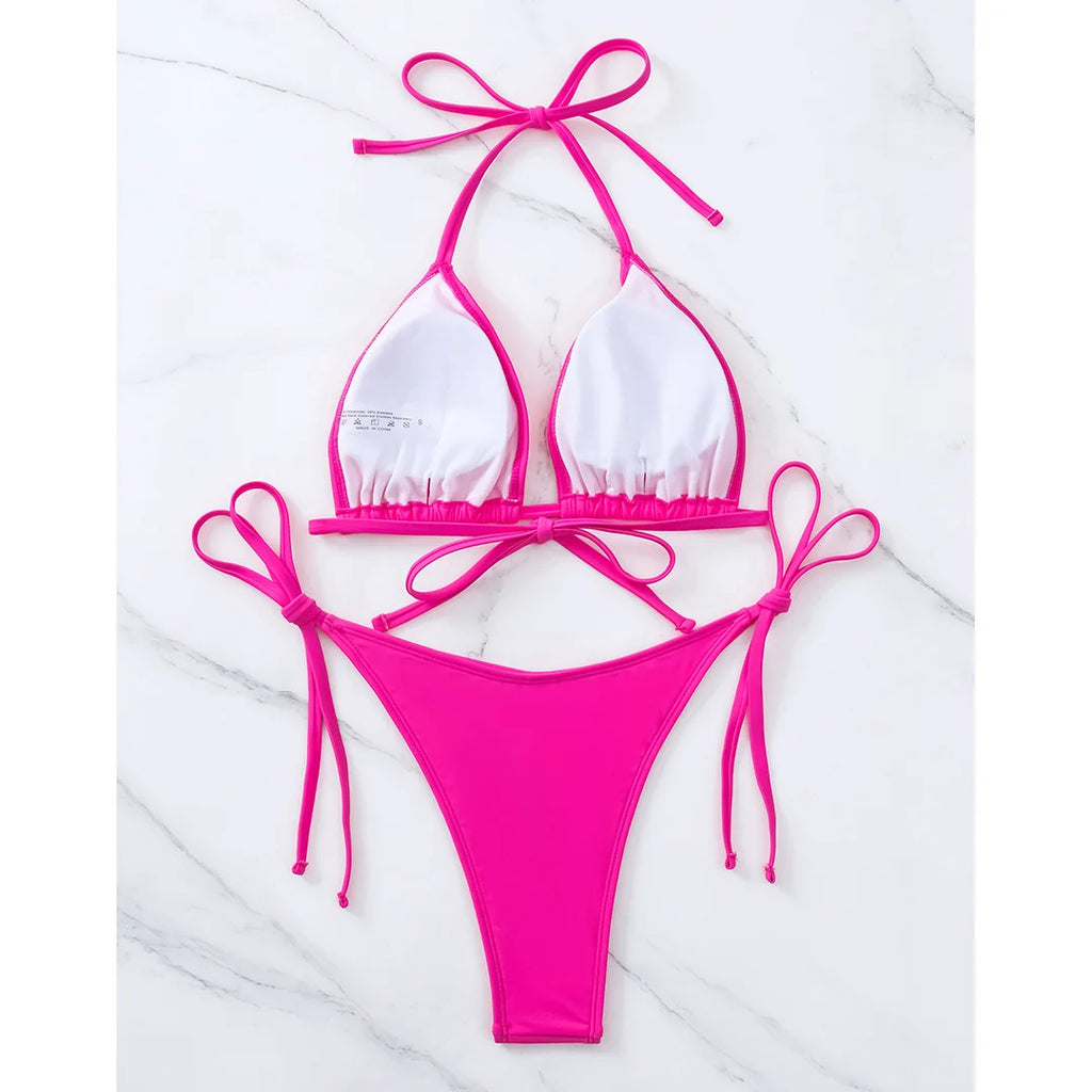 7 Farben Neckholder Brasilianischer Bikini Damen Bademode Weiblicher Badeanzug Zweiteiliges Bikini-Set Gepolsterter Badeanzug Damen V3536