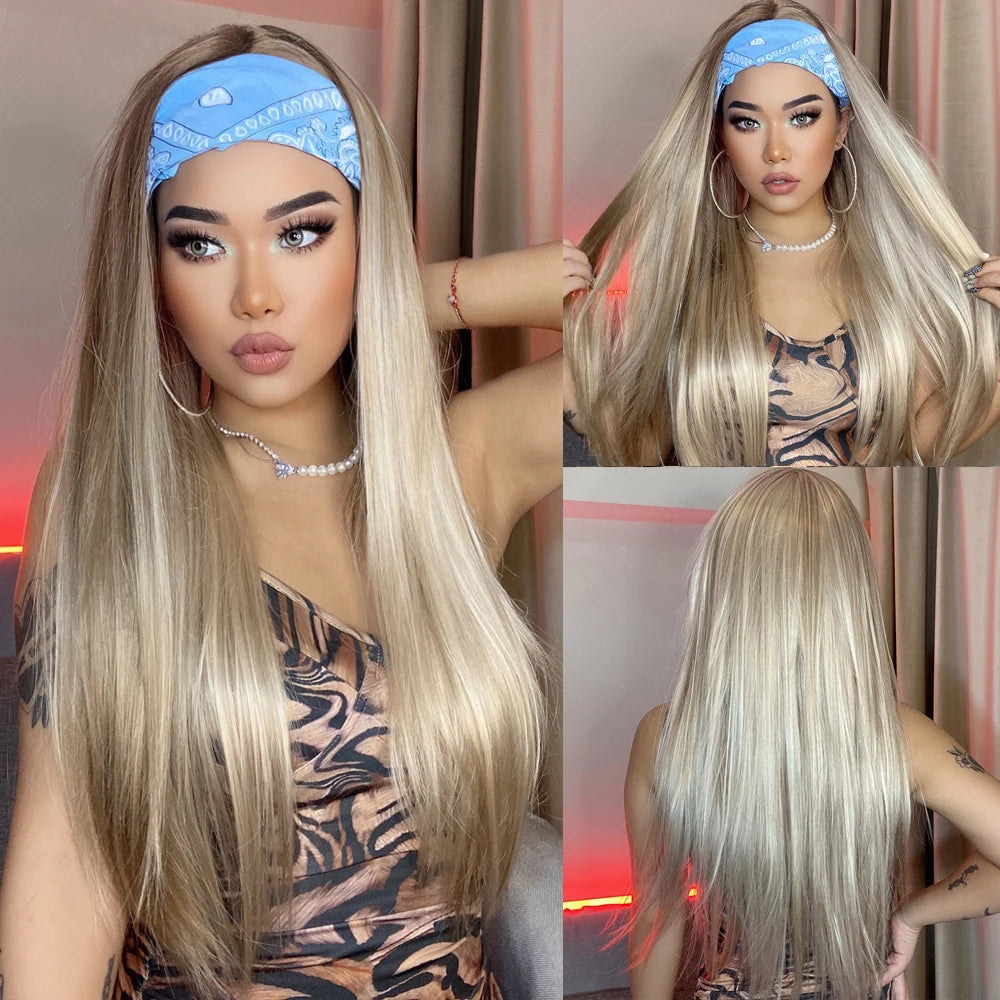 ALAN EATON Lange blonde synthetische Stirnbandperücke Ombre Blond glattes Haar Perücken natürlich aussehend Hitzebeständige Faser für den täglichen Gebrauch
