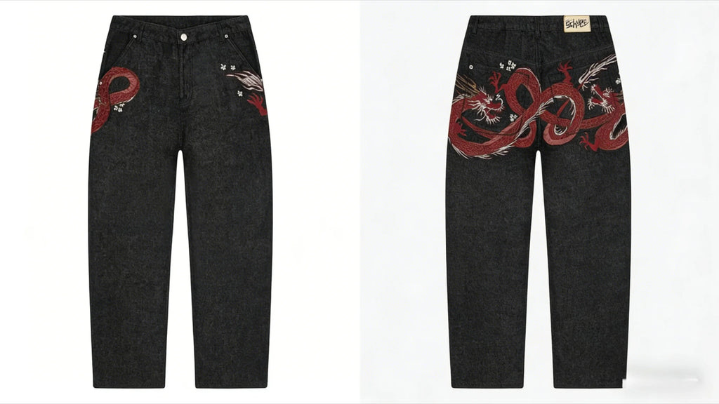 Y2K Black Washed Bestickte High-Waisted Oversized Jeans Herren Europäischer und Amerikanischer Retro Klassiker Lockere Weite Gerader Schnitt Hosen