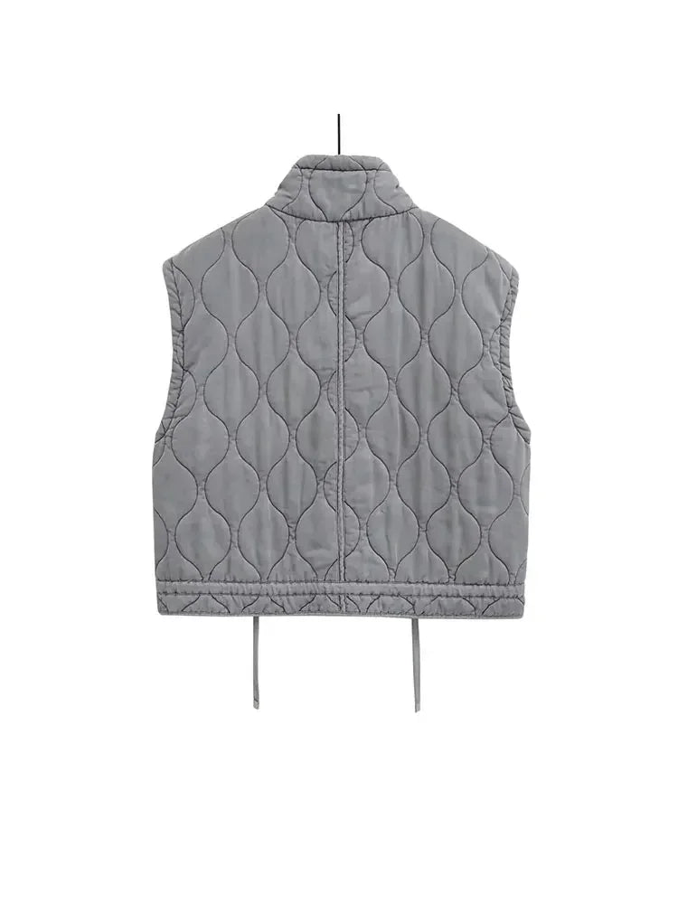 Autumn Winter Women Standing Collar Light weight Sleeveless Cotton Coat Vest Women Pocket Decoration Tank Top Secondary image