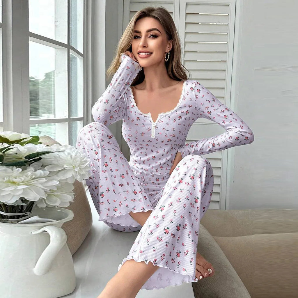 Women's Pajama Set Lace Buttons Trims Sleepwear Slim Long-sleeved Trousers Floral Print Stylish sexy Loungewear Nightwear Pyjama