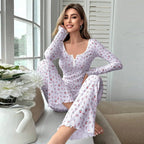 Women's Pajama Set Lace Buttons Trims Sleepwear Slim Long-sleeved Trousers Floral Print Stylish sexy Loungewear Nightwear Pyjama