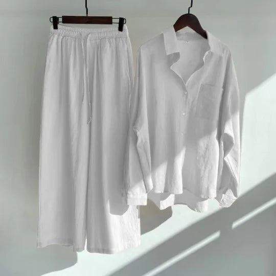 Große Größen Casual Locker Zweiteiler Weites Bein Hose Langarmshirt Hellbeige Street Style Elegant Qualität Polyester Somm...