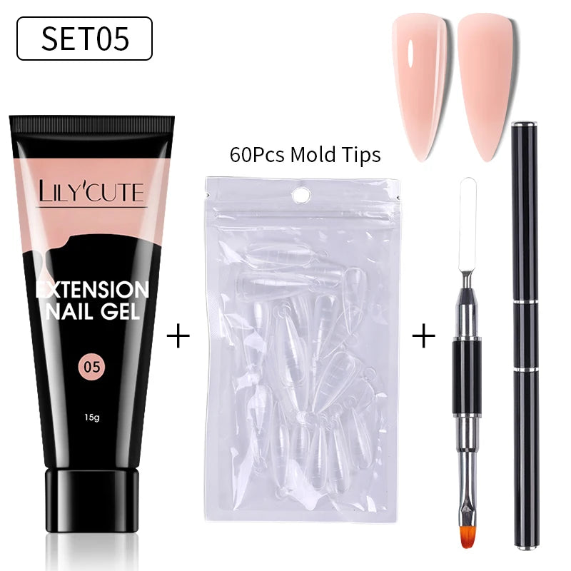 LILYCUTE 15ml Verlängerungsgel-Nagellack-Set Quick Nail Prolong mit Verlängerungsform-Nagelspitzen Acryl-Lösung Maniküre-Werkzeug-Kit