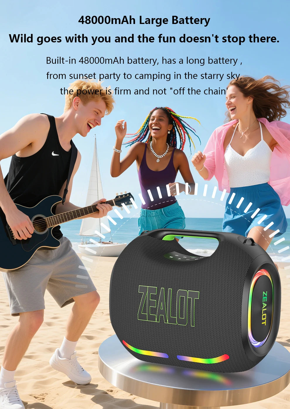 ZEALOT ZE21 250W kabelloser Lautsprecher, tragbar für Outdoor, 48000mAh lange Akkulaufzeit, mit RGB-Farblichtern, bis zu 18 Stunden Wiedergabezeit.