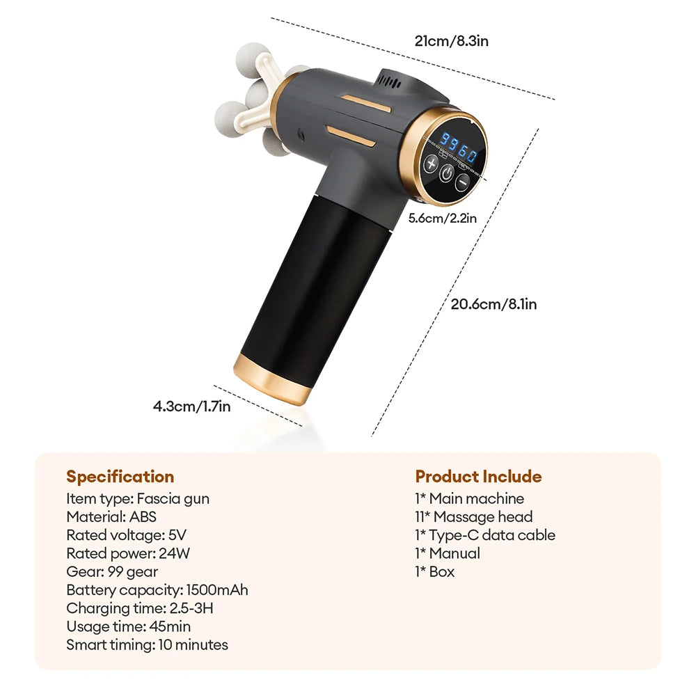 11-IN-1 Elektrisches Massagegerät, 99 Stufen, leistungsstarke Faszienpistole, Hochfrequenz-Vibrations-Körpermassagegerät für Arme, Beine, Muskeln, Masajeador