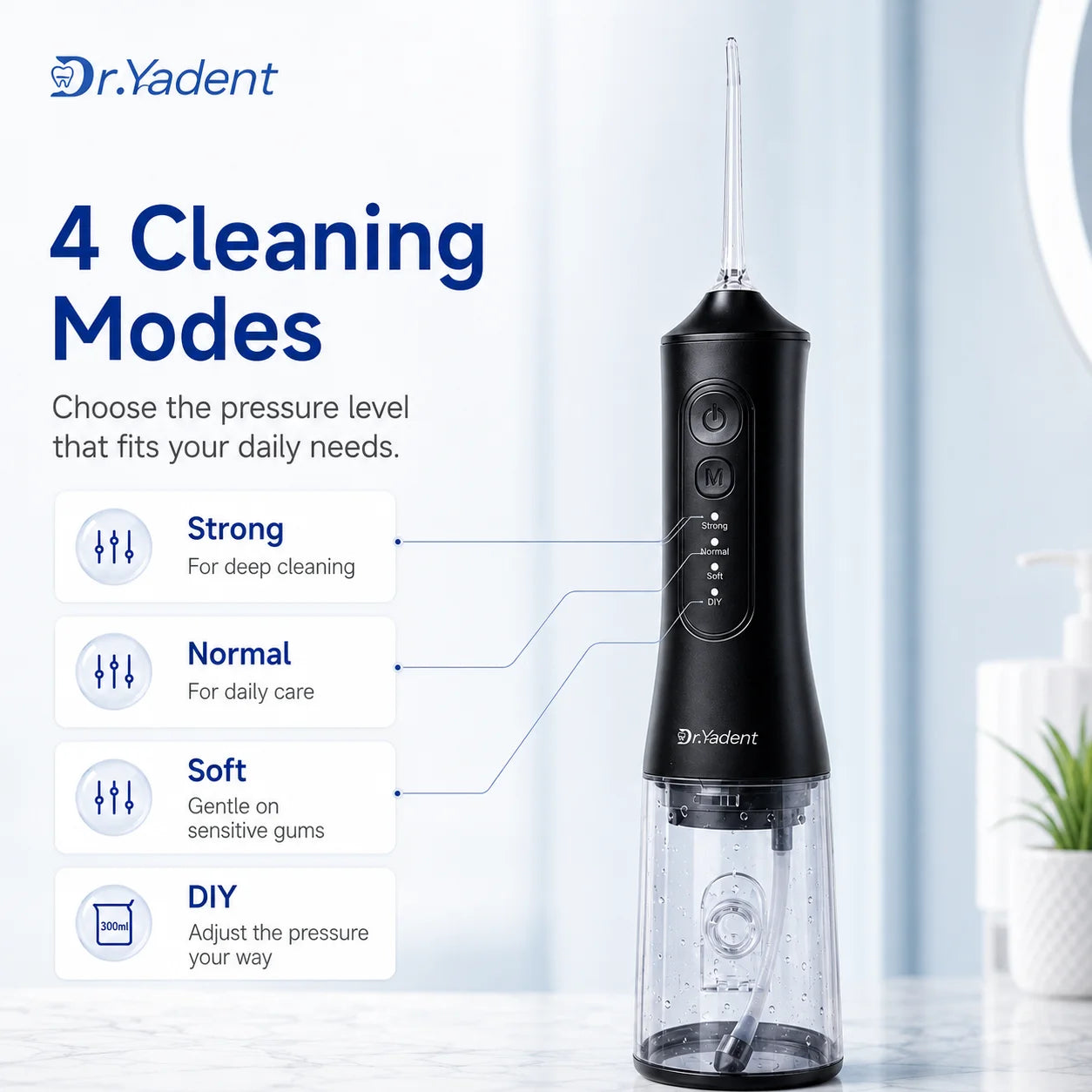 Dr.Yadent YD06 Kabelloser Munddusche Wasserflosser 300ML Tragbarer Wasserstrahl USB-C Schnellladung 7 Düsen 4 Modi IPX7 Wasserdicht