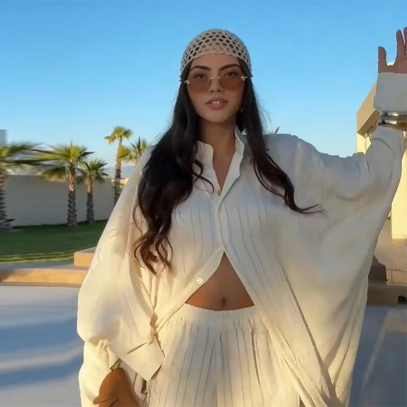 Beiges zweiteiliges Set für Damen, Oversized-Hemd mit Knopfleiste und High-Waist-Hose mit weitem Bein, Y2k Sommer-Urlaubs-Kaftan-Outfit