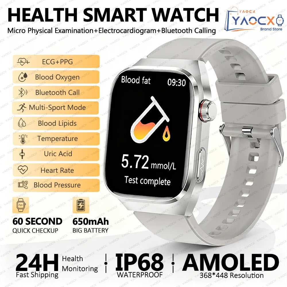 2026 Neue Pflegegrad-Harnsäure-Blutfettwerte Smartwatch Herren EKG+PPG Blutdruck Herzfrequenz Bluetooth Anruf Gesundheits-Smartwatch