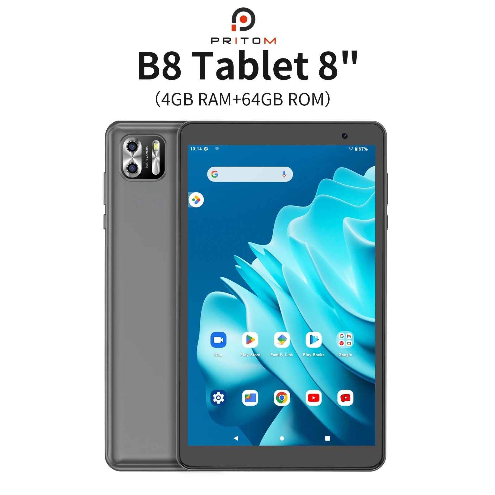 PRITOM 8 Zoll Tablet Android 13, 8GB (4+4 erweiterbar) RAM 64GB ROM, 1TB erweiterbar, 1280x800 IPS-Display, 5000mAh Akku, Dual-Kamera, WiFi