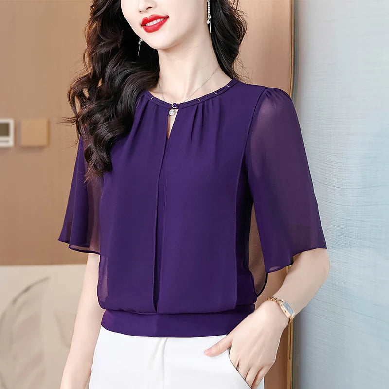 Sommerkleidung Halbarm-Chiffonbluse 2025 Neue Mode Loose Damen Tops Einfarbige Freizeit-Pullover-Shirts